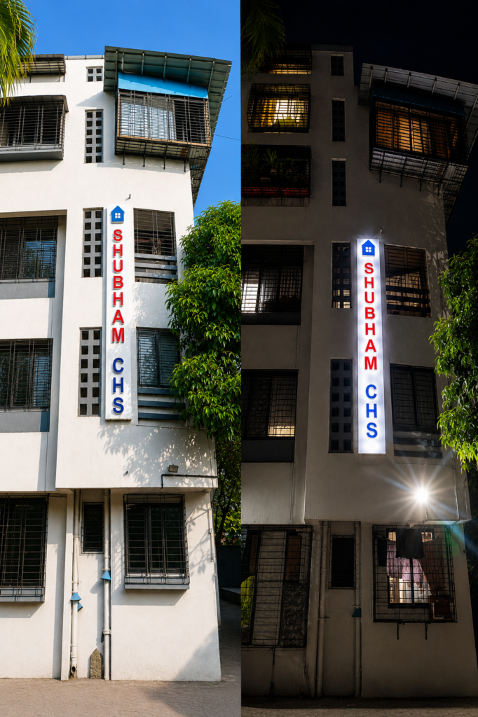 3D acrylic letter nameplate for Shubham CHS building in Mumbai